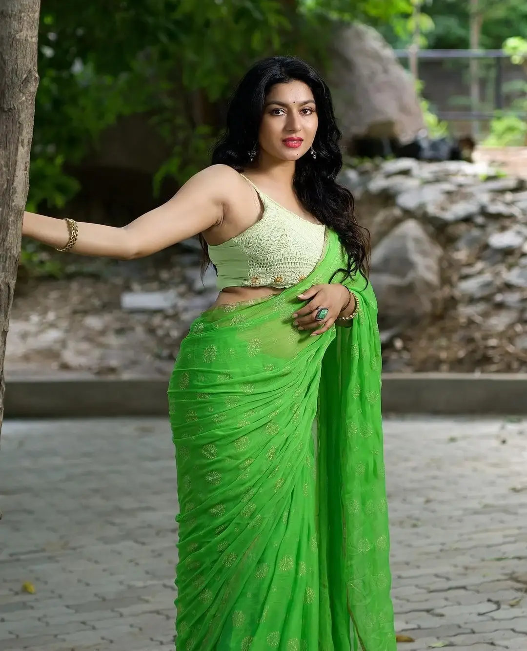 South Indian Actress Akshatha Srinivas in Green Saree